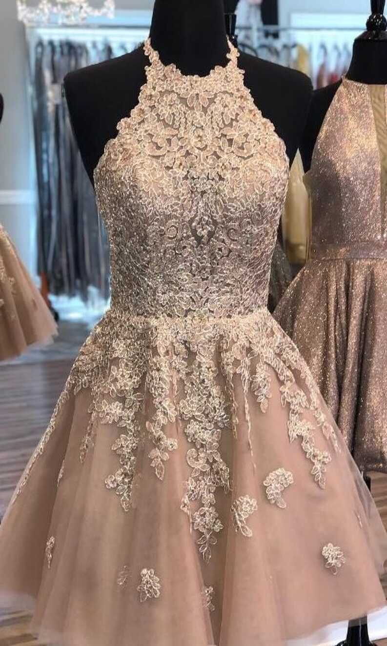 Beautiful Halter Rose Gold Short Lace Homecoming Dress