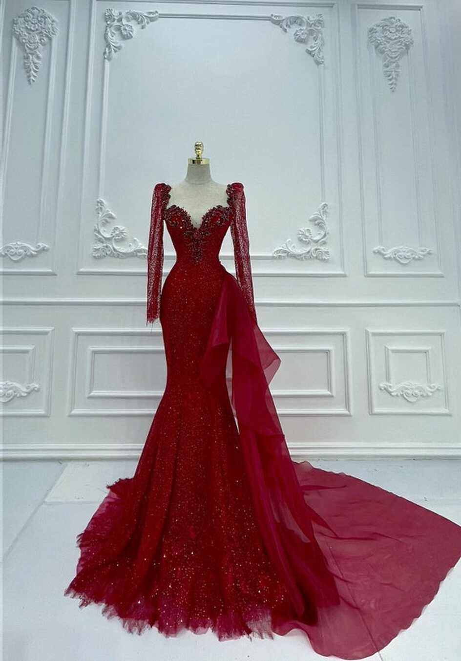 Beautiful Long Sleeve Red Wedding Dress / Reception Dress ...