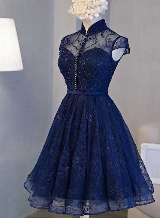 Beautiful Navy Blue Knee Length Lace Party Dress, Homecoming Dress ...