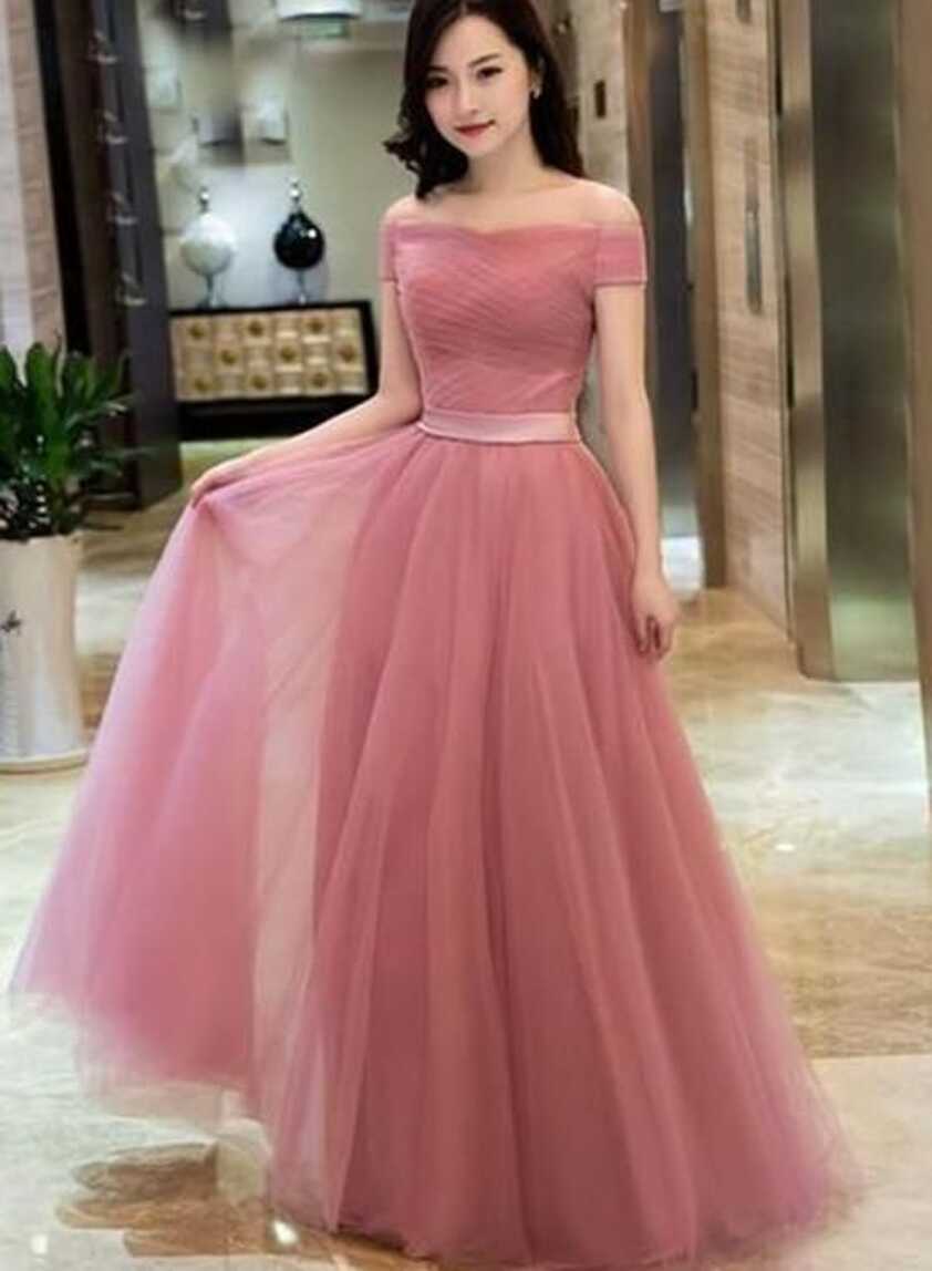 Beautiful Off Shoulder Pink Floor Length Junior Party Dress , Pink ...