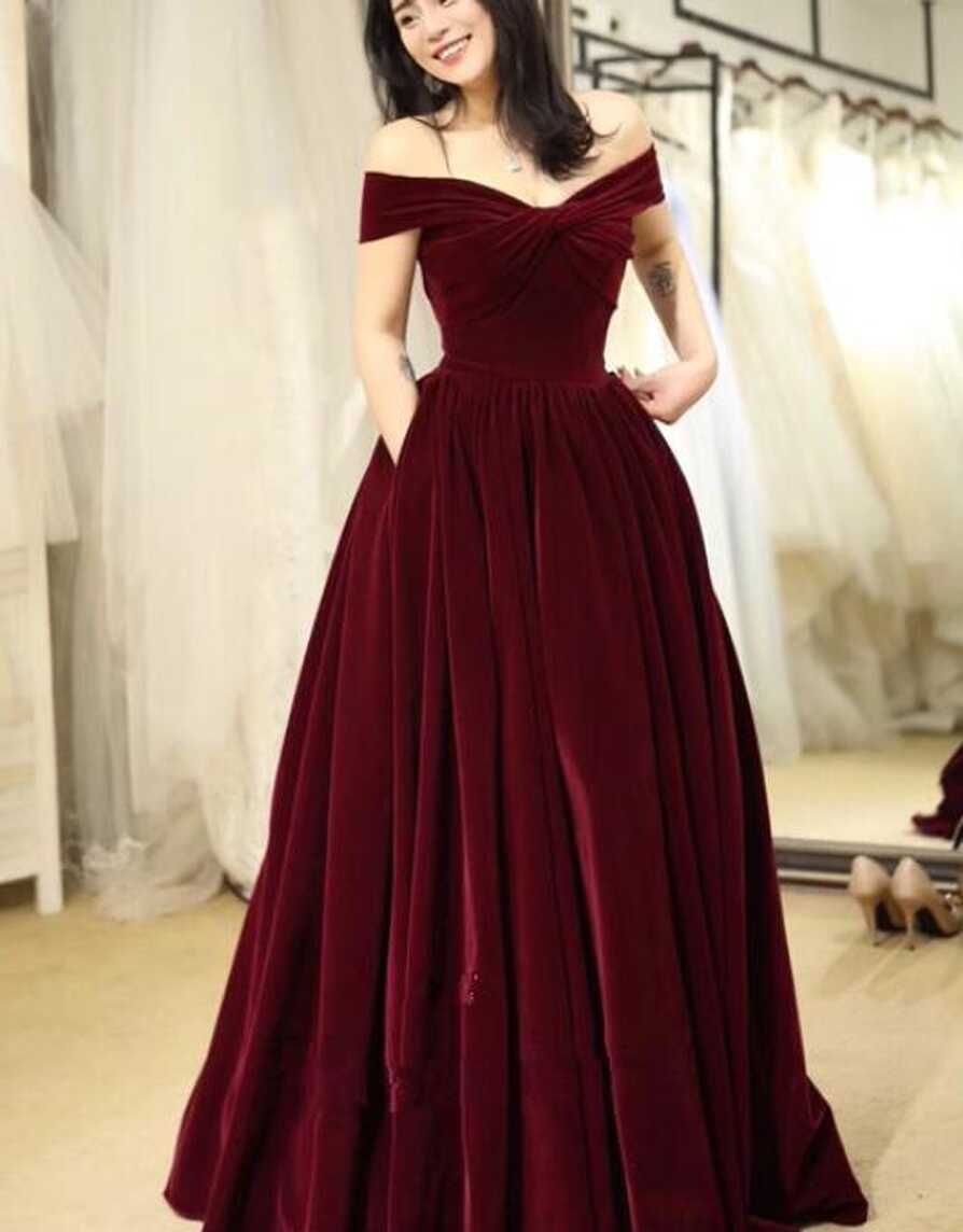 Beautiful Off Shoulder Velvet Long Party Dress, Elegant Prom ...