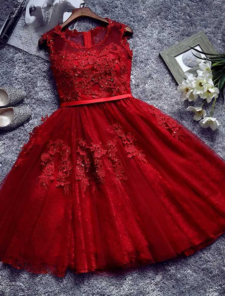 Beautiful Red Cocktail Dress 2016 Short Lace Party Dress With Sash