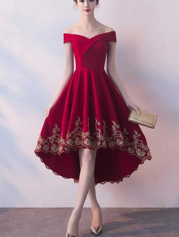 Beautiful Red High Low Party Dress With Gold Applique, Stylish ...