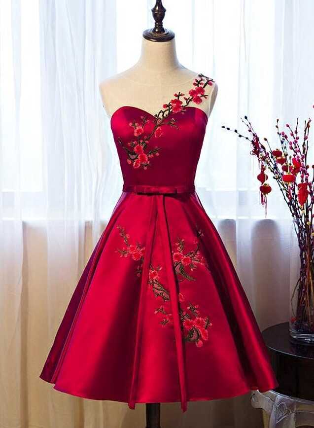 Beautiful Red Satin Knee Length Party Dress, Cute Bridesmaid Dress ...