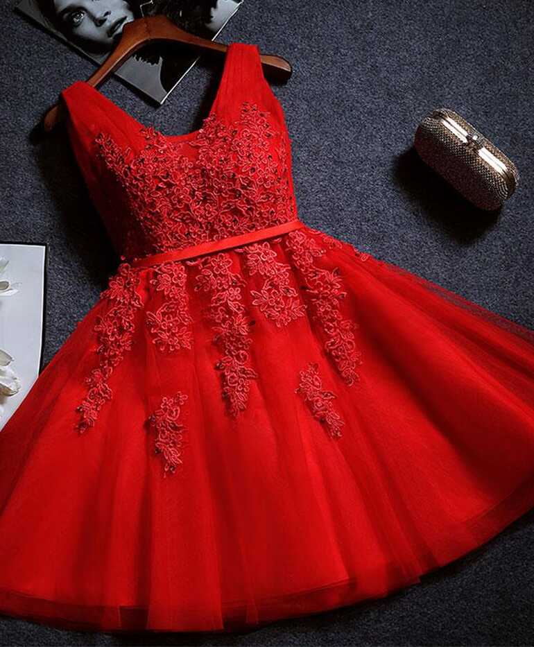 Beautiful Red Short Tulle Lace Applique Party Dress, Red Short ...