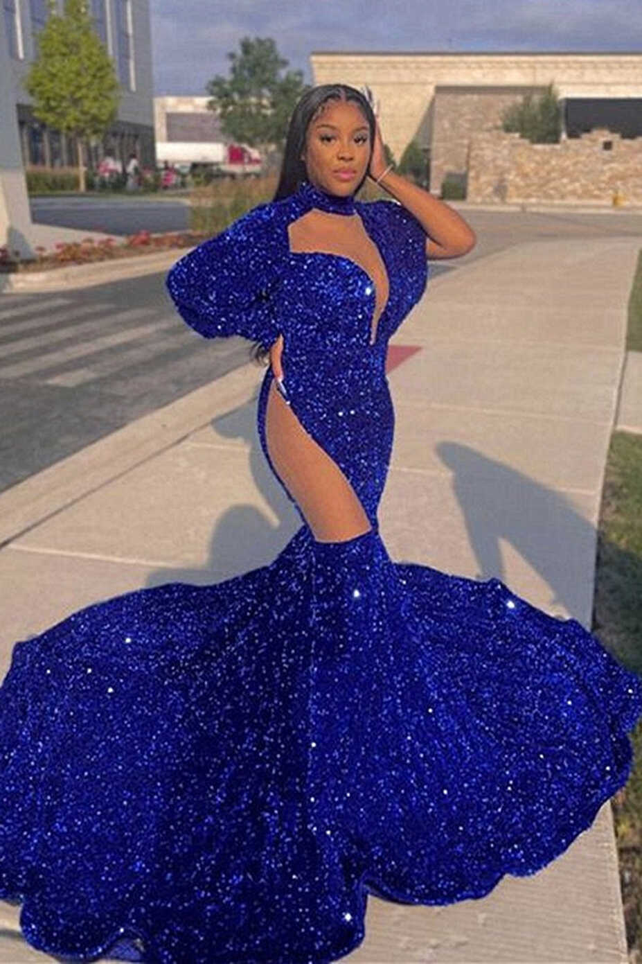 Beautiful Royal Blue Long Mermaid High-neck Sequined Formal Prom ...