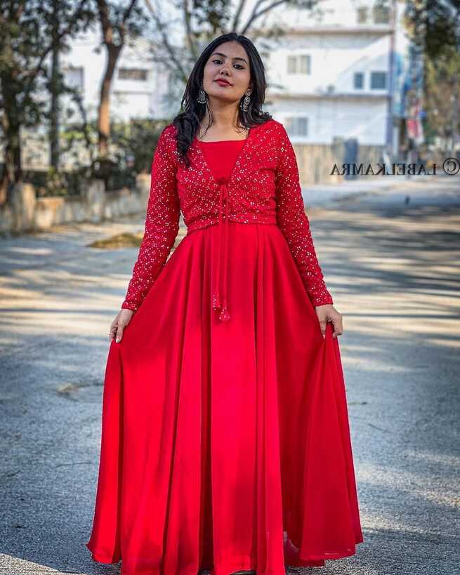 Beautiful Sequence Work Red Color Gown With Jacket - Clothsv