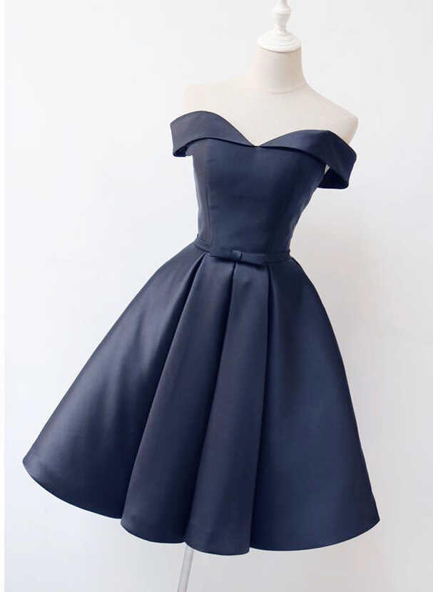 Beautiful Short Dark Blue Satin Prom Dress, Navy Blue Homecoming ...