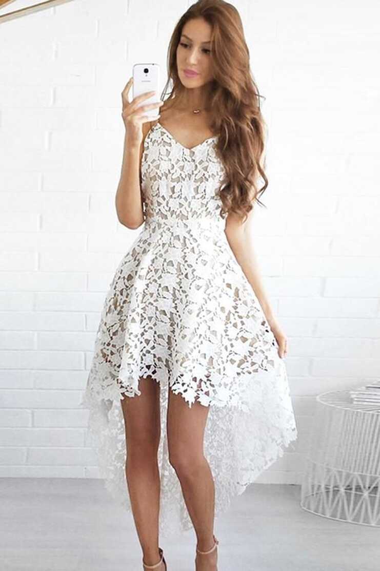 Beautiful Short Front Long Back White Lace Homecoming Dresses ...