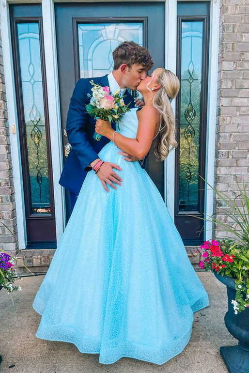 Beautiful Sky Blue Sparkly Long Prom Dress, Spaghetti Straps A ...