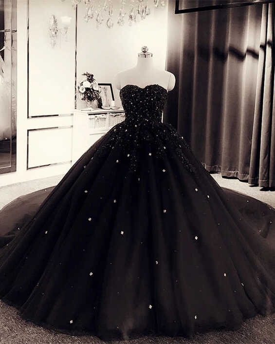 Beautiful Strapless Black Tulle Ball Gown Princess Prom Dresses ...