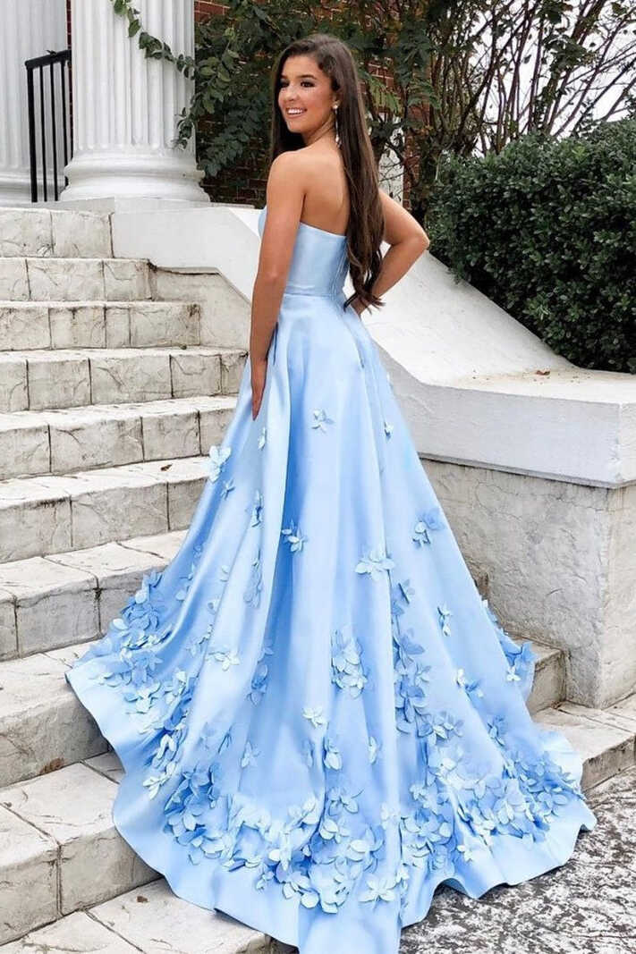 Beautiful Strapless Long Satin Light Blue Prom Dresses With Pockets