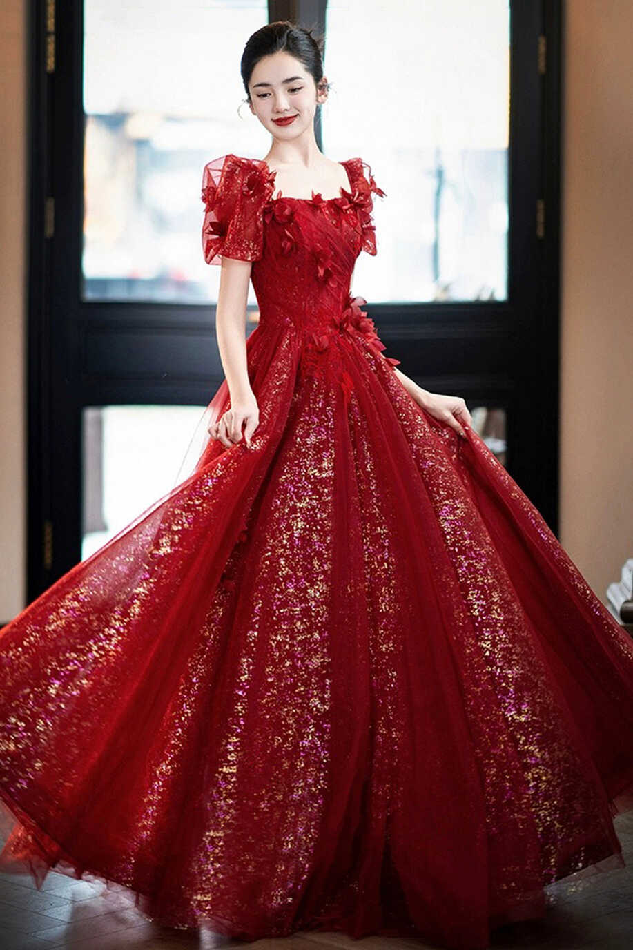 Beautiful Tulle Off the Shoulder Floor Length Prom Dress, Dark Red Sho