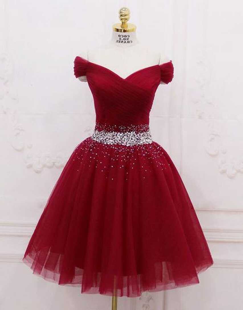 Beautiful Wine Red Tulle Knee Length Formal Dress, Off Shoulder ...