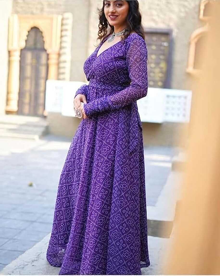 Beautifull Georgette Fabric Bandhani Print Round Neck A-Line Full ...