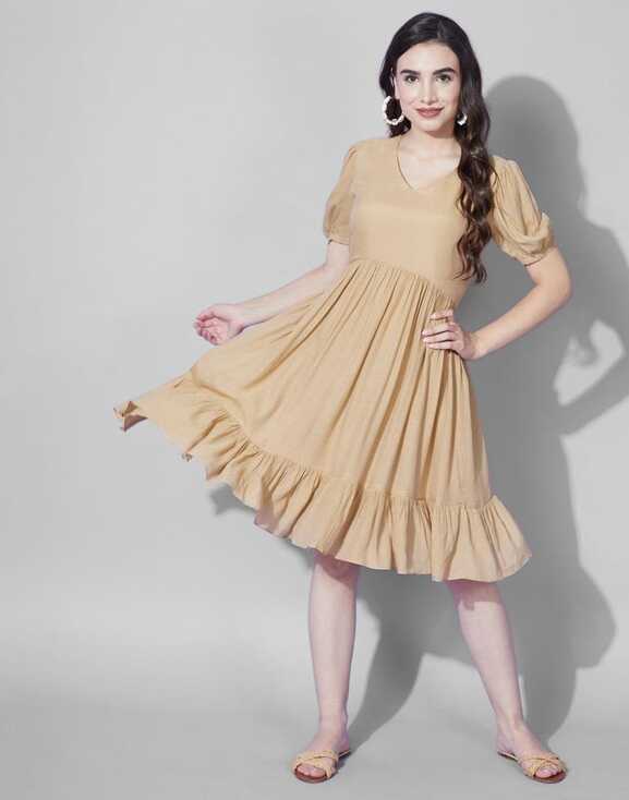 Beige Fit And Flared mini Dress | Leemboodi