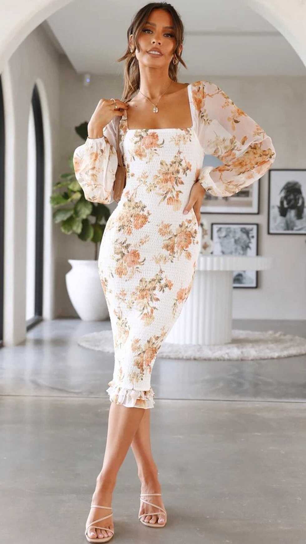 Beige Floral Smocked Bodycon Dress - M