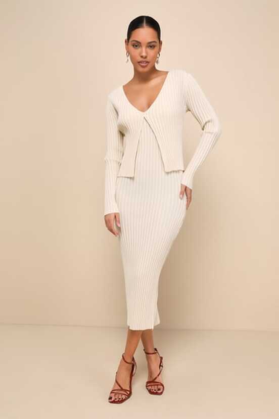 Beige Ribbed Dress - Dress &amp; Cardi Dress - Two-Piece Midi Dress ...