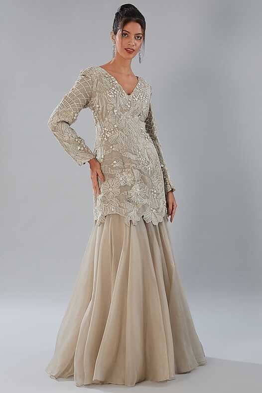 Beige Silk Organza Embroidered Bodycon Dress Design by Varun ...