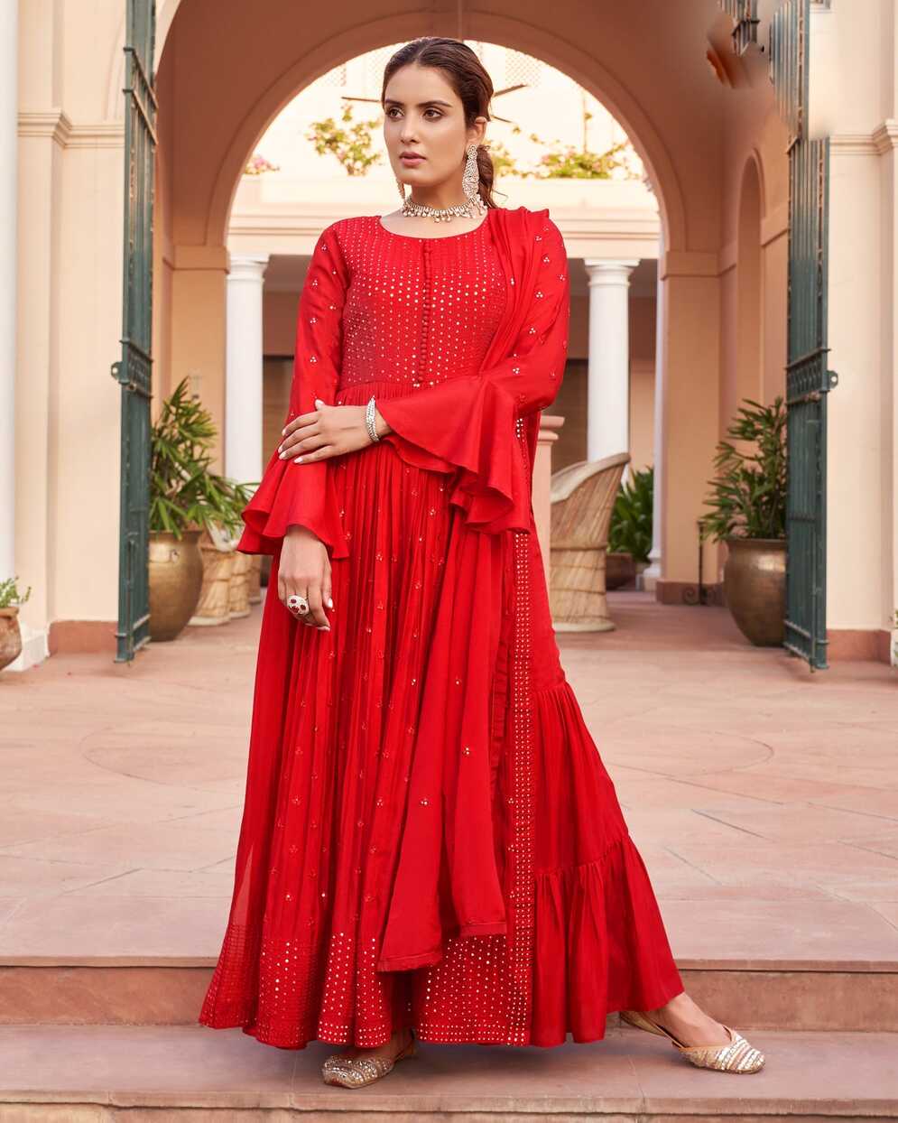 Bell Sleeves Red Chinon Embroidered Naira Cut Frock Suit With ...