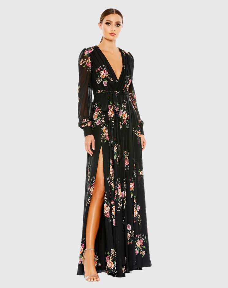 Belted Floral Print Illusion Long Sleeve Gown – Mac Duggal