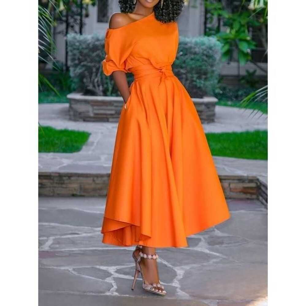 Best Party Bodycon Sheath Flare Bottom Orange Long Dress - Orange / XL