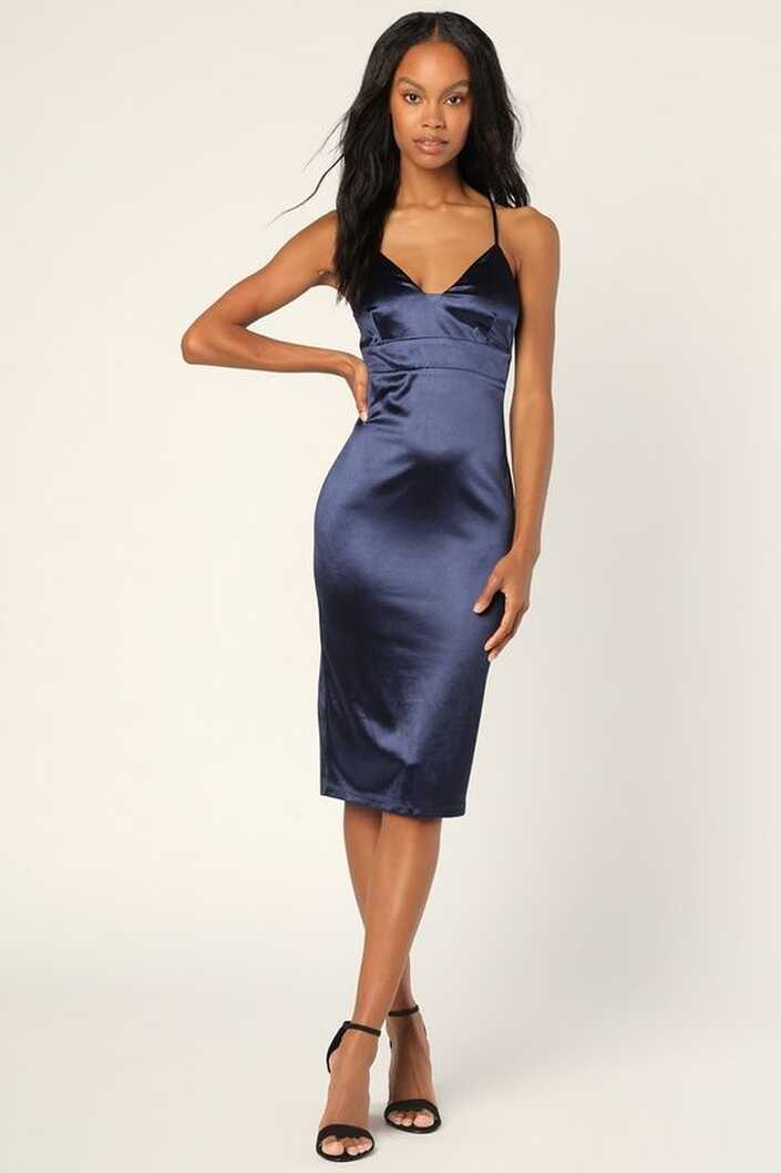 Best of Everything Navy Blue Satin Bodycon Midi Dress | Mini slip ...