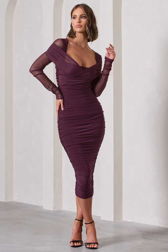 Between The Lines Plum Ruched Mesh Long-Sleeved Bodycon Midi Dress ...