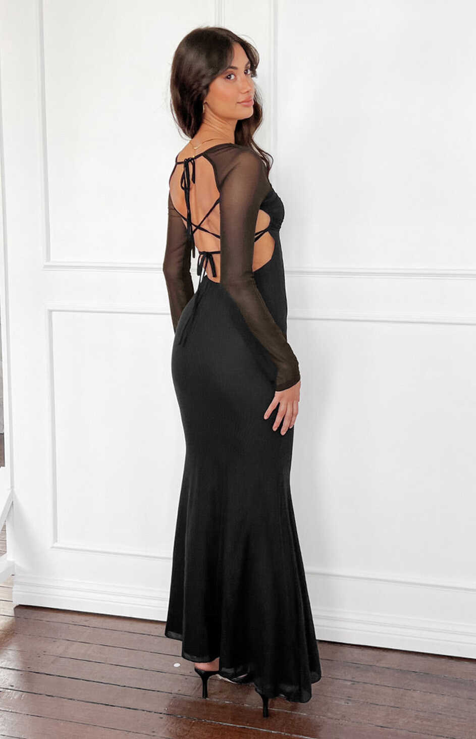 Beverley Black Mesh Long Sleeve Maxi Dress – Beginning Boutique NZ