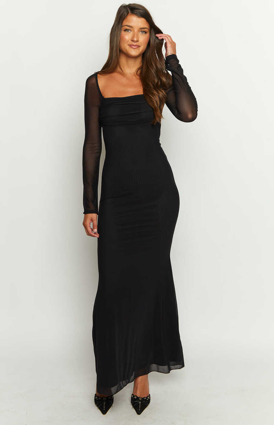 Beverley Black Mesh Long Sleeve Maxi Dress – Beginning Boutique US