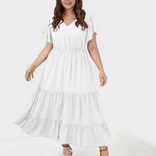 Bigersell 5XL Plus Size, V-Neck, Short Sleeve, Ruffle Midi Dress ...