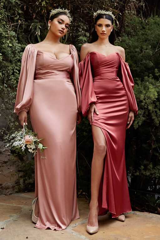 Billowy Long Sleeve Satin Bridesmaid Dress with Slit – Chic-Butic