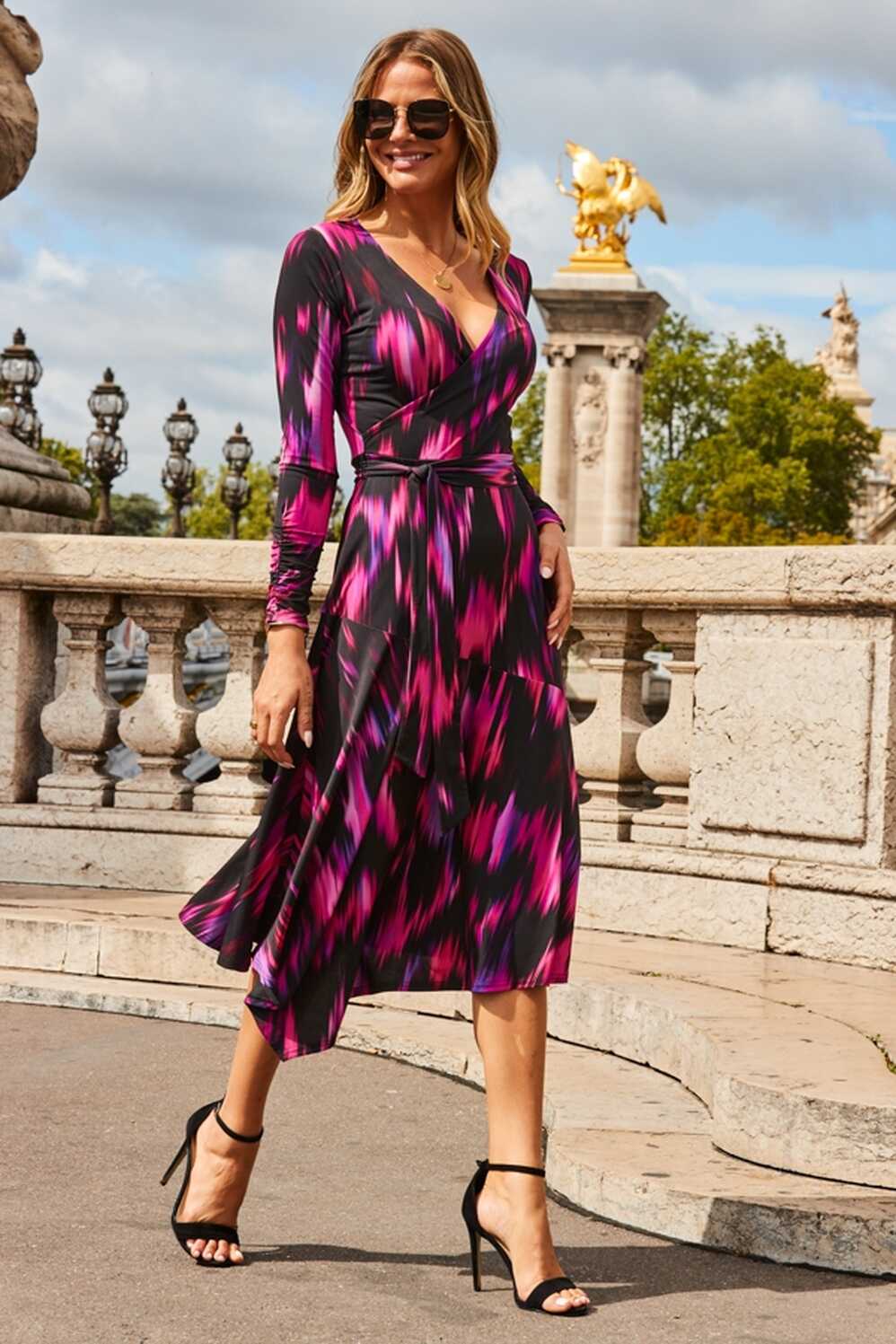 Black &amp; Pink Abstract Print Midi Wrap Jersey Dress