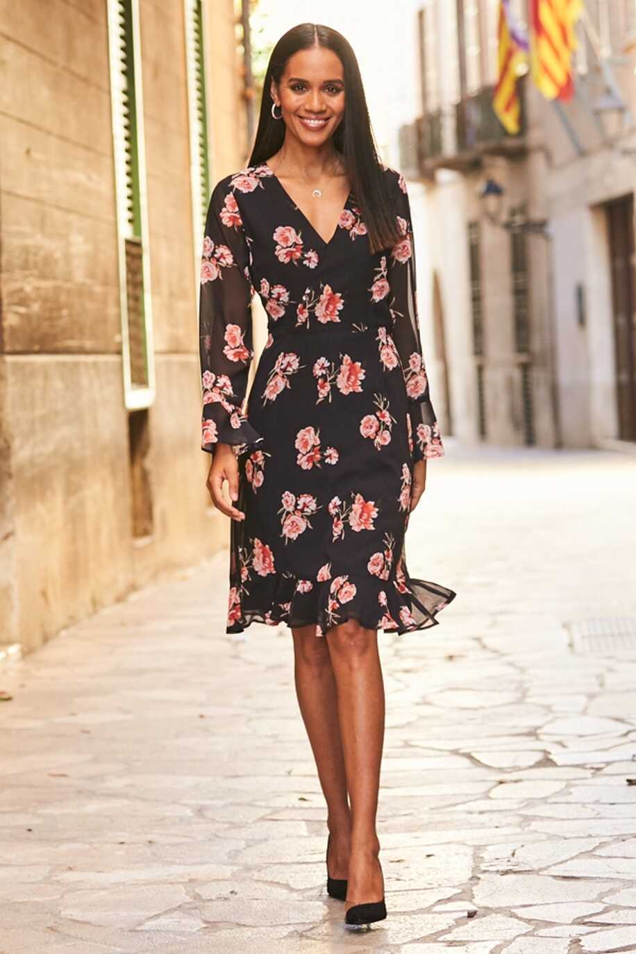 Black &amp; Pink Floral Print Wrap Front Dress