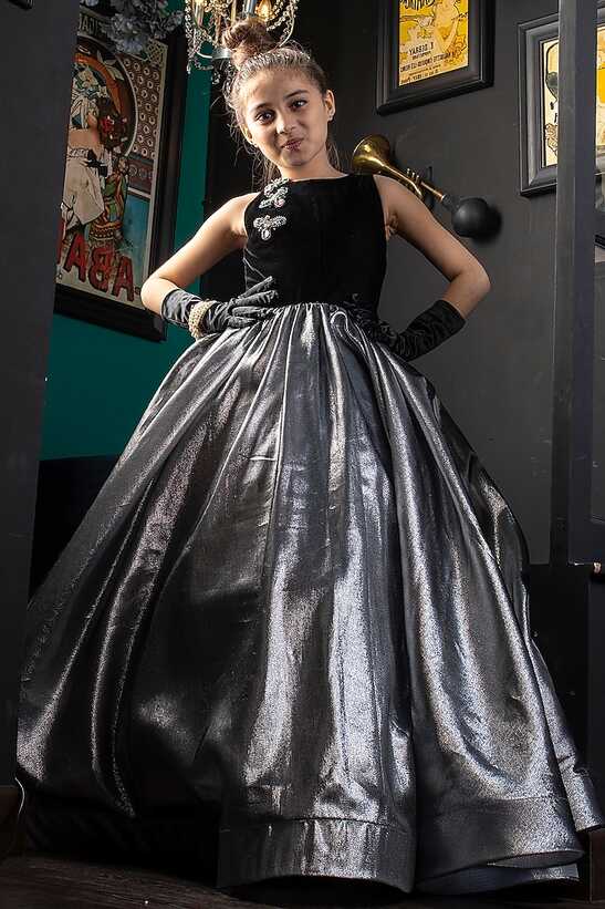 Black &amp; Silver Velvet Gown For Girls Design by Hoity Moppet at ...