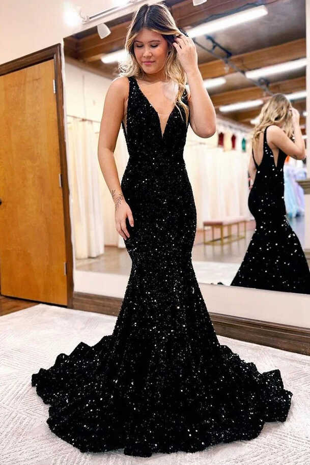 Black 2024 V Neck Prom Dresses Sequins Long UK Evening Dress ...