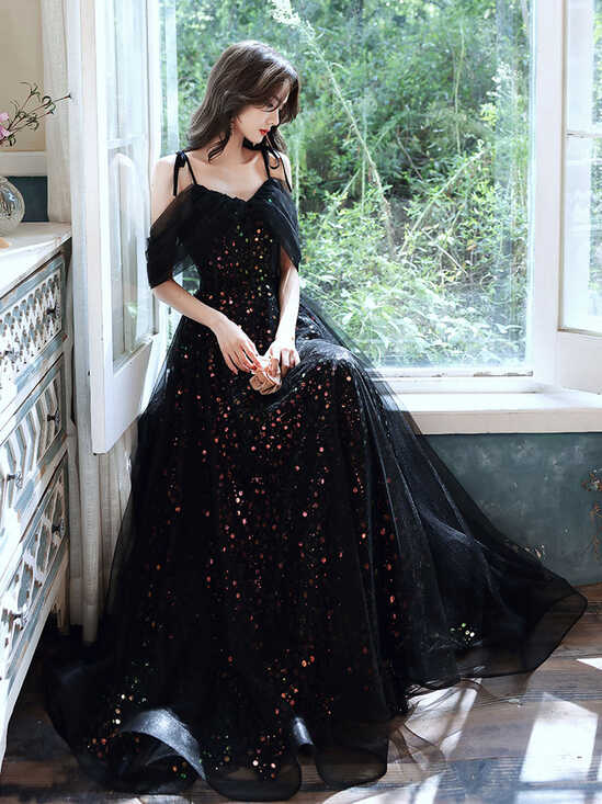 Black A Line Off Shoulder Tulle Long Prom Dresses, Black Formal ...