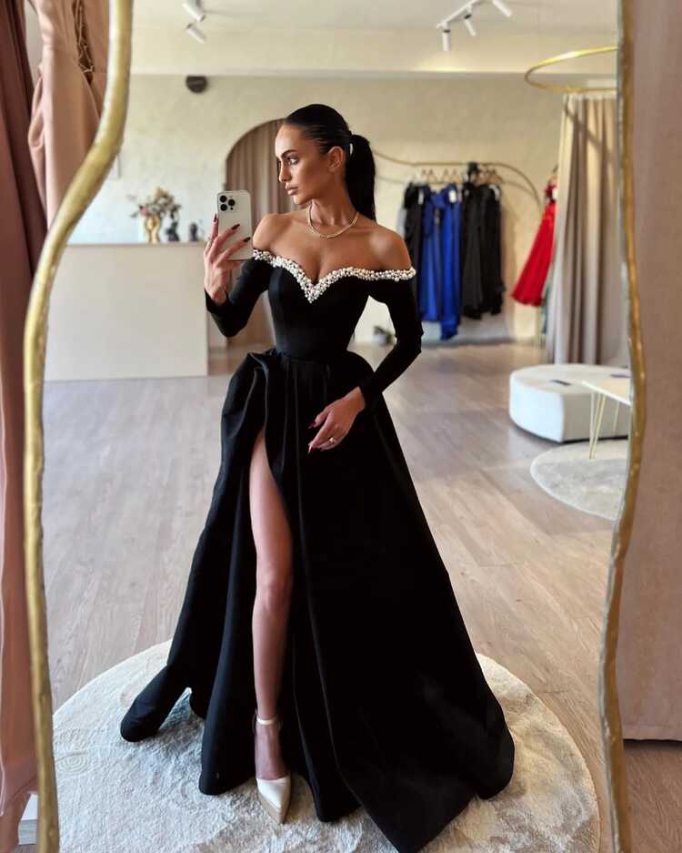 Black A Line Prom Dress With Slit With Pearls, Off Shoulder Design ...