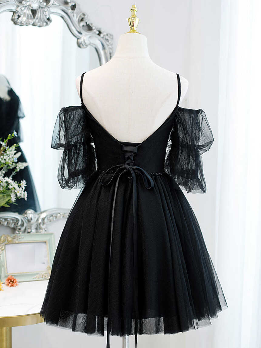 Black A line V Neck Lace Short/Mini Prom Dress, Black Puffy ...