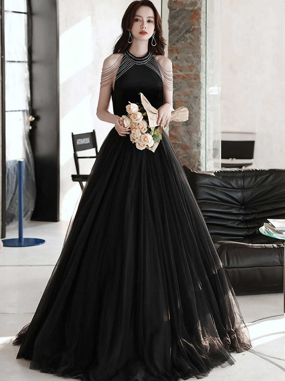 Black A line tulle beads long prom dress, black evening dress ...