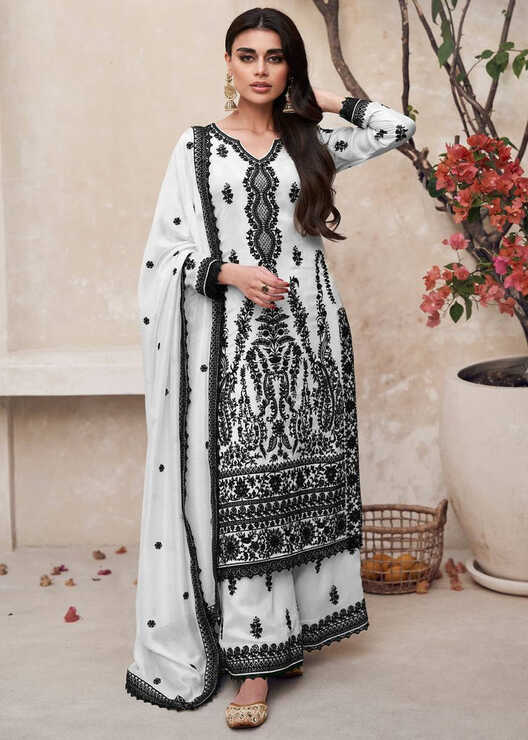 Black And White Chikankari Kurta With Palazzo Set - Clothsvi