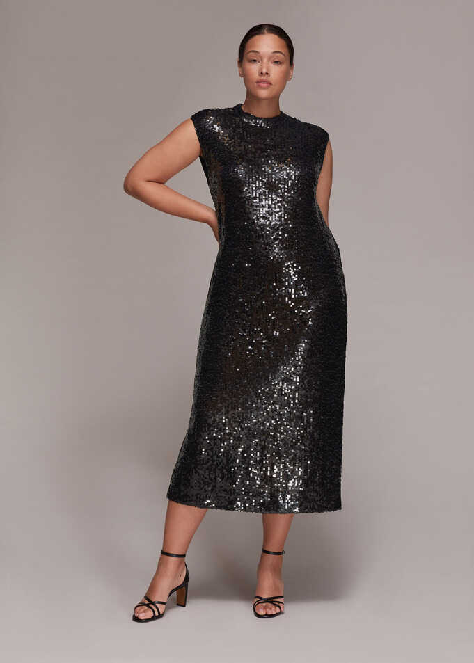 Black Arla Sequin Midi Dress | WHISTLES | Whistles UK |