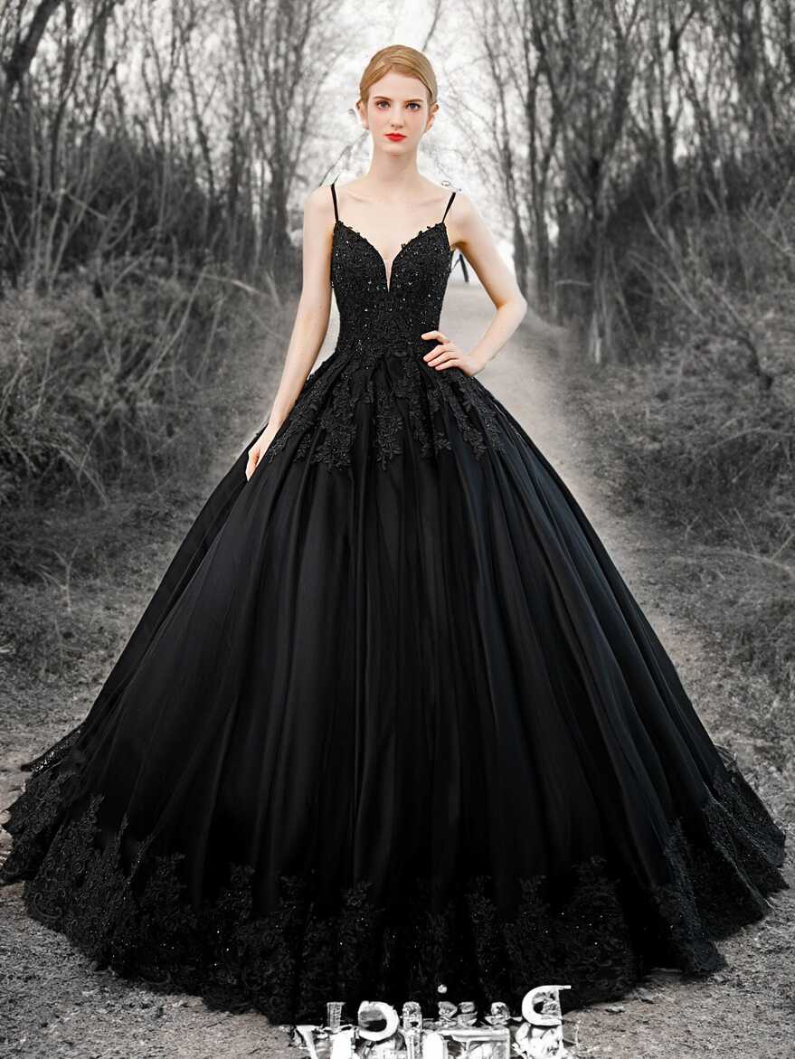 Black Ball Gown Gothic Wedding Dress V Neck Sleeveless Spaghetti ...