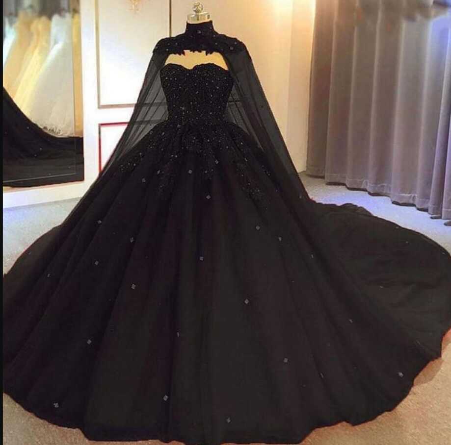 Black Ball Gown Gothic Wedding Dresses With Cape Sweetheart Beaded ...