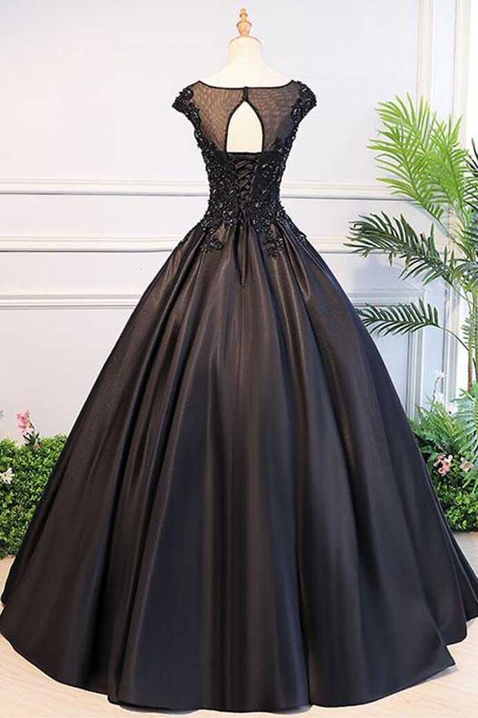 Black Ball Gown Illusion Neck Cap Sleeves Prom Dress Graduation ...