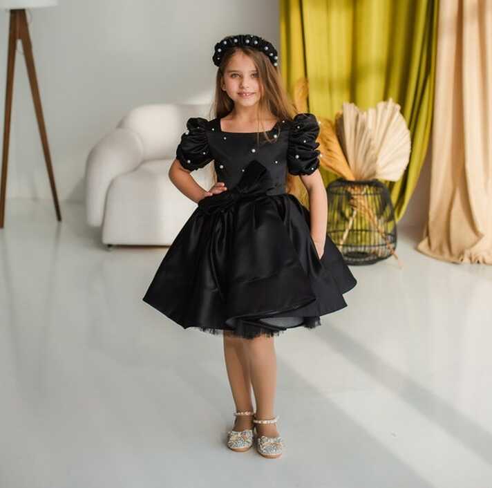 Black Birthday Party Girl Dress, Satin Toddler Dress, Flower Girl ...