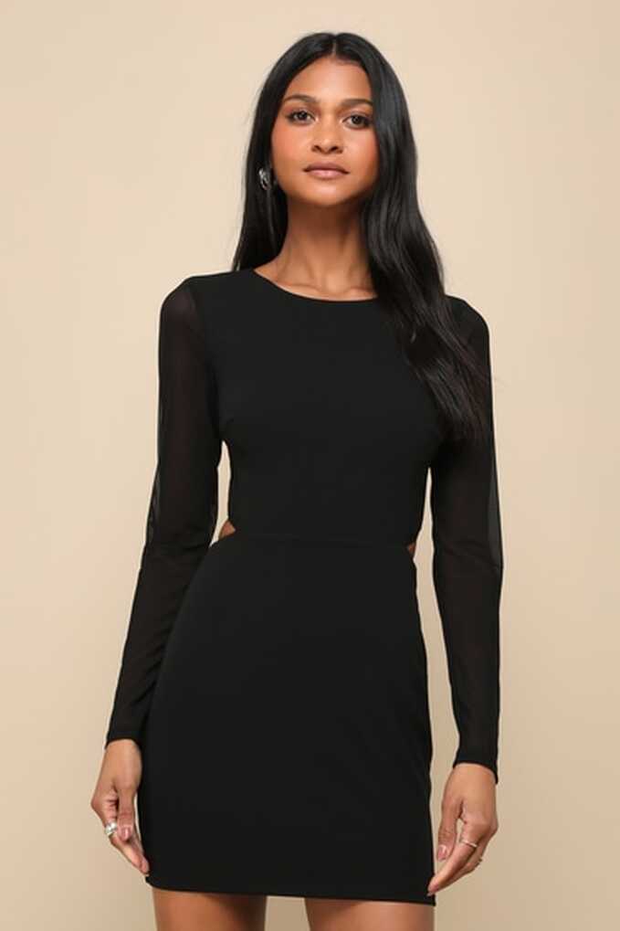 Black Bodycon Dress - Back Cutout Dress - Long Sleeve Mini Dress ...