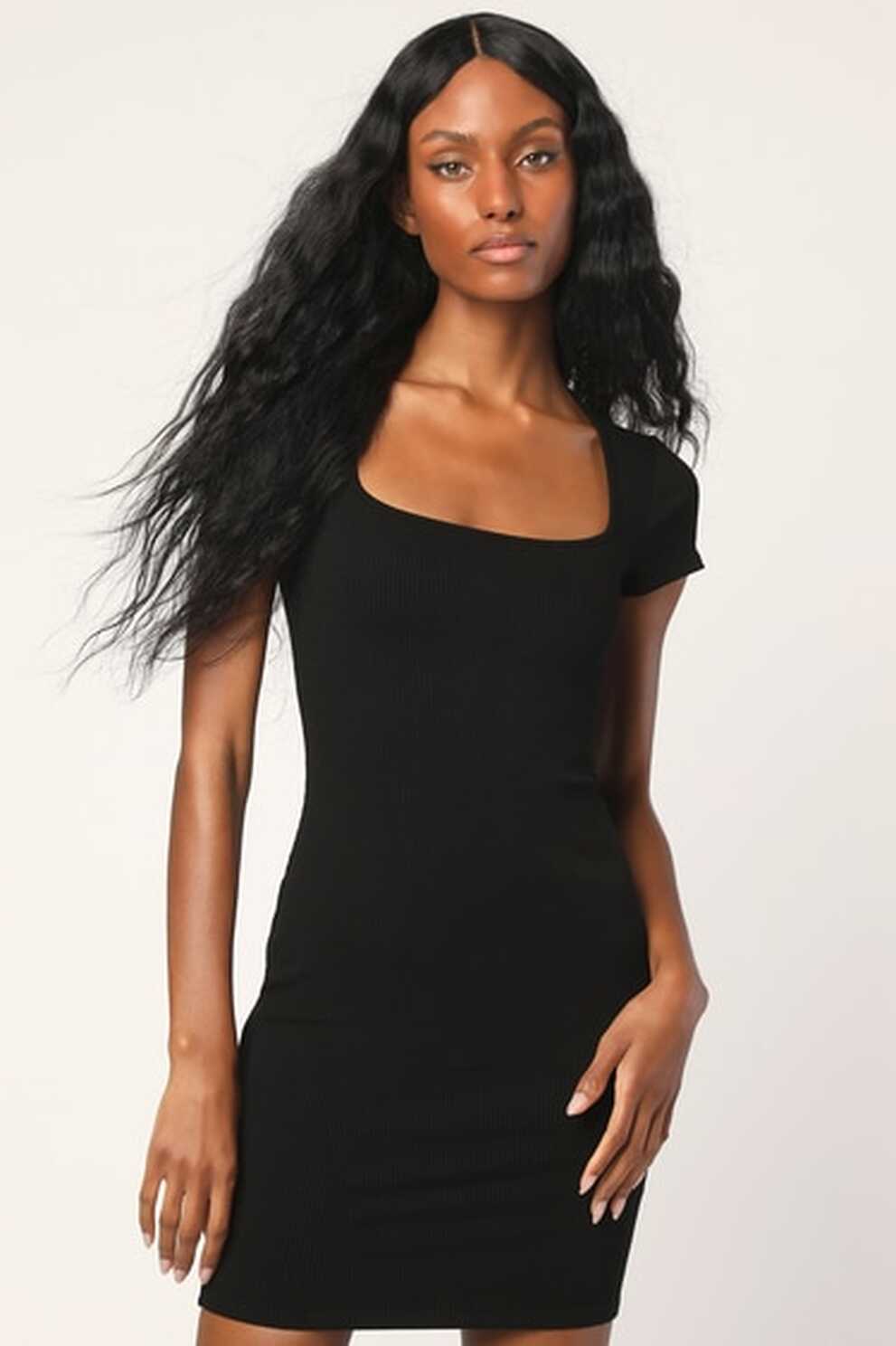 Black Bodycon Dress - Ribbed Knit Dress - Square Neckline Dress ...