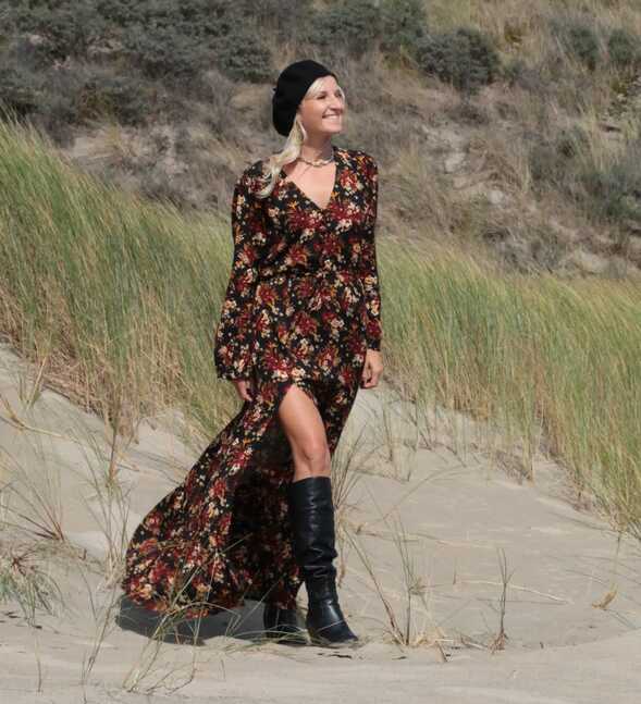 Black Boho Maxi Dress red flowers- Floral Fall Winter Dress