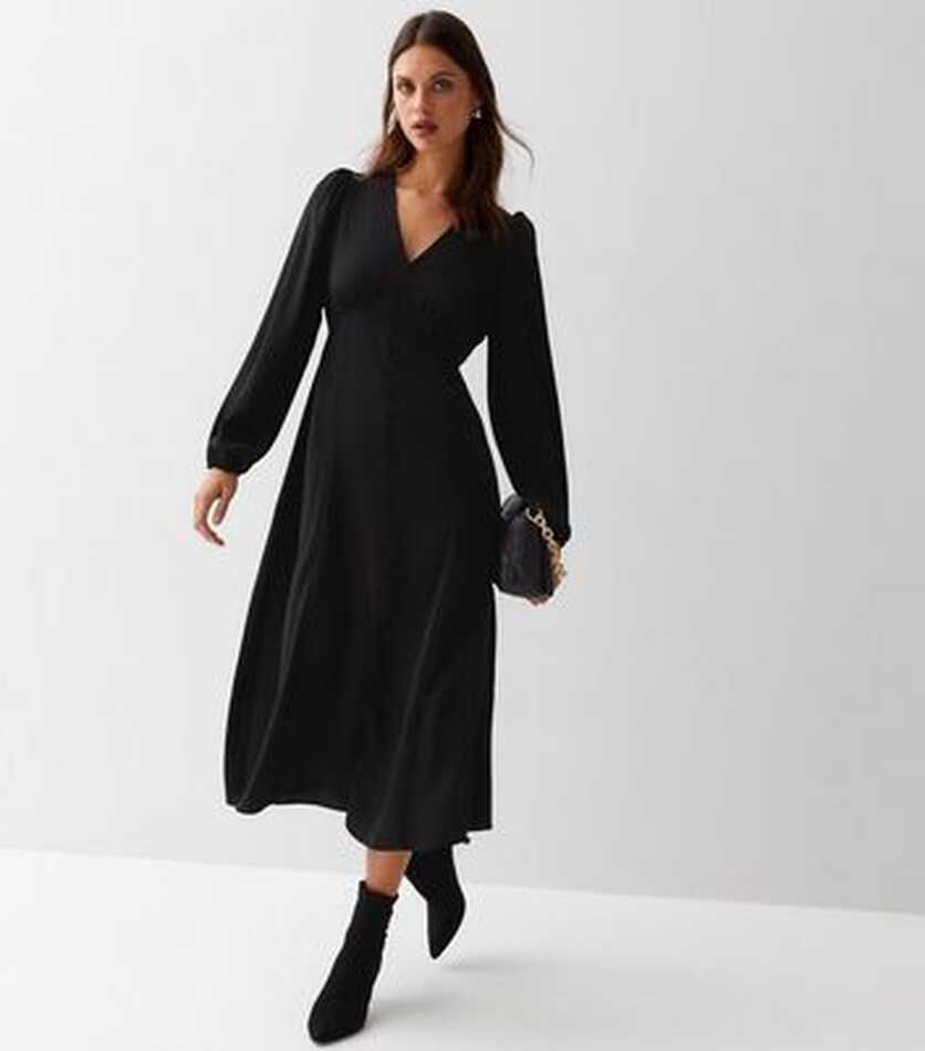 Black Button Front Long Puff Sleeve Midi Dress | New Look